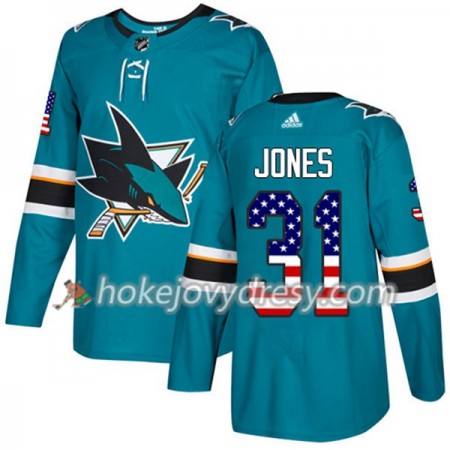 Pánské Hokejový Dres San Jose Sharks Martin Jones 31 2017-2018 USA Flag Fashion Teal Adidas Authentic